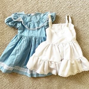Vintage Handmade Girls Dusty Blue Prairie Ruffle Dress Sz 6? Lace White Slip